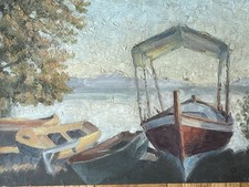 Modern British School Oil on Paper - Mid 20th C - P Laing - Boats in dry mooring