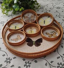 7 Piece Butterfly Coaster Set & Bamboo Tray Vintage Retro Boho Tiki Bar Ware 