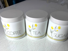 CLP Tea, coffee, sugar white milk glass containers, yellow flower design