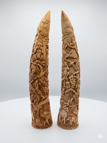 Pair hand carved faux ivory - carved,
