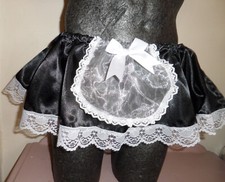ADULT SISSY BLACK SATIN FRENCH MAID  FRILLY PETTI SKIRT 30-45" W 9" L LACE TRIM