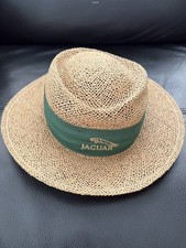 Vintage Jaguar Straw Fedora Hat Green Banding & Gold Embroidery Luxury Car Golf