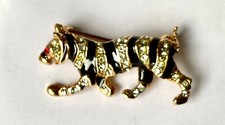 Vintage Tiger Brooch with Black Enamel and Rhinestone Stripes