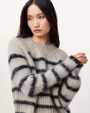 AllSaints Women's Jumper Beige Wool Blend Striped Crew Neck Size XS Chunky-Knit