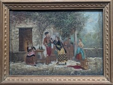 Antique Mid 19thC Original oil painting Courtyard scene unsigned in ornate frame
