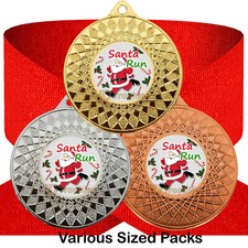 Santa Run Medals & Red Ribbons, Xmas Christmas Running Medals Various Packs