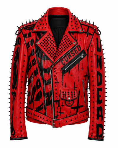 Men red leather punk jacket - red,