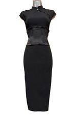 KAREN MILLEN UK 12 Black Cheongsam Mandarin Collar Corset Wiggle Dress Open Back