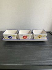 Three. Colourful Square Ceramic Snack Dishes and Matching Sandwich Tray.