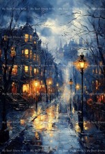 RAINY VICTORIAN STREET ART PRINT, Gothic City Wall Decor, Lamp Posts Poster E254