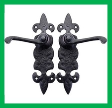 Cast Iron Black Antique Fleur-De-Lys Ornate Lever on Backplate Door Handle Set