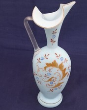Antique Satin Glass ewer jug Aqua Blue Victorian 19th century hand enamelled