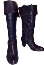 CLARKS UK 5.5 Aubergine leather 3" heel adjustable calf 1/2 zip below knee boots