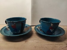 PAIR OF VINTAGE FRENCH BLUE ENAMEL CHILDREN'S CUP & SAUCERS - HAND PAINTED