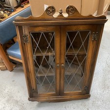 Old Charm Oak Hanging Corner Display Cabinet Light Oak With Bakelite Lights