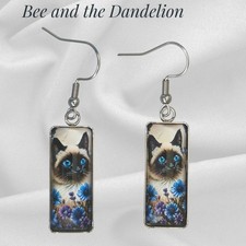 Siamese /  Ragdoll Type Cat  Glass Rectangular Silver Tone Earrings