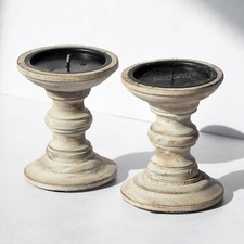 Set of 2 Candle Holders 13cm Shabby Chic Retro Wooden Pillar Candlestick Sticks
