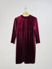 Boden Dress Women Size 14 Burgundy Velvet Shift 3/4 Sleeve High Neck Knee Length