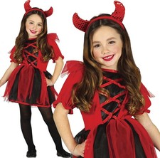 Girls Kids Children Red Devil Evil Imp Satan Halloween Fancy Dress Costume 3-12