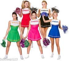 Cheerleader Fancy Dress Costumes Womens Ladies Hig School Prom Uniform Pom Poms