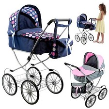 Doll Pram Vintage Baby Doll Pushchair Basket Carry Bag Buggy Blue Pink BiBi Doll