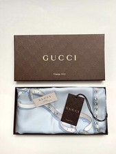 New Gucci Scarf with Gift Box GG Logo Straps Chains Brown Blue Silk Wrap