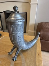 Vintage Pewter Art Viking Drinking Horn with Lid / Flower Vase Norway Norwegian