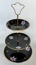 Vintage Palissy 3 Tier Cake Stand, Orchid Pattern on Black Background.