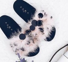 ZARA PINK FLUFFY FEATHERS EMBELLISHED MULE SLIDES FLAT SANDALS SIZE UK 3 EU 36