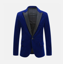 Men Velvet Peak Lapel Suit Jacket Single Breasted Blazer Tunic Coat Formal-Party
