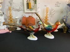 Pair Ceramic Figurine Pheasant Hand Painted Bodrogkeresztur Hungary 1960s