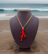 Red Faux “Coral Branch” Matte Gold Tone Pendant Necklace Beach Vacation 17-19”