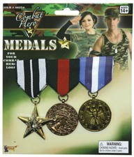Combat Hero Medals British Soldier Army G.I Fancy Dress Costume 3 Gold & Ribbon