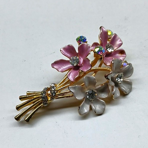 Gold tone pink white enamel - &,