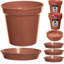 Terracotta Plastic Plant Pots & Saucers Trays Gardening Flowers Pot Planter