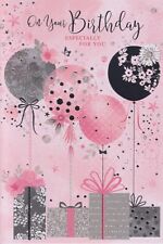 OPEN FEMALE HAPPY BIRTHDAY GREETING CARD 7"X5" BALLOONS PINK AND SILVER