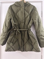 M&S Feather And Down Khaki Quilted Hooded Belted Coat Size 12