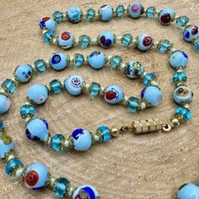 Vintage Glass Millefiori Beaded Necklace Duck Egg Blue 26in Stunning