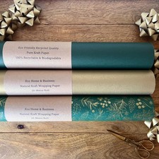 KRAFT Christmas Wrapping Paper Spruce Foliage Gold Green Eco Printed Sheets Roll
