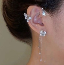 Silver Sparkling Zircon Flower Butterfly Ear Cuff Clip On Earrings for Women