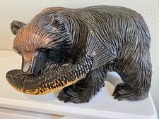 Vintage Wooden Bear with Fish Hand Carved Japan 23cm   FREE POSTAGE UK