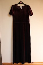 Vintage 1990s Laura Ashley Dark Red Velvet Velour Short Sleeve Long Dress Small