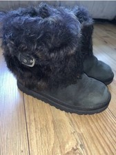UGG Kids Short Black Boots Leather With Fur Trim Womens Girls UK Size 1 EU 32