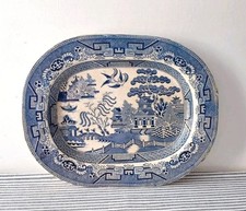 Lovely Antique Willow Pattern Medium Meat Platter Blue & White Serving Dish 