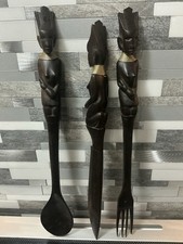 Vintage 3X African Hand-Carved Wooden Spoon, Knife & Fork  Set Tribal Figures