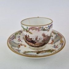 Antique 18thC Veuve Perrin Porcelain Cup And Saucer Painted Landscapes 