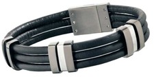 USED Police Men's Black Leather Bracelet Stainless Steel Buckle 24726BLU/01-L