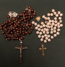 2 x Vintage Glass & Wood Rosary Beads Cross Pendant Crucifix Catholic Italian