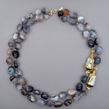2 Strands Natural Botswana Sardonyx Agates white biwa pearl necklace