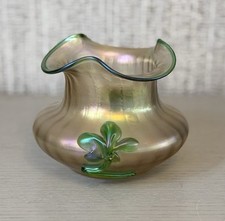 Kralik Glass Art Nouveau Ruffle Vase Iridescent Applied Leaf Design Bohemian